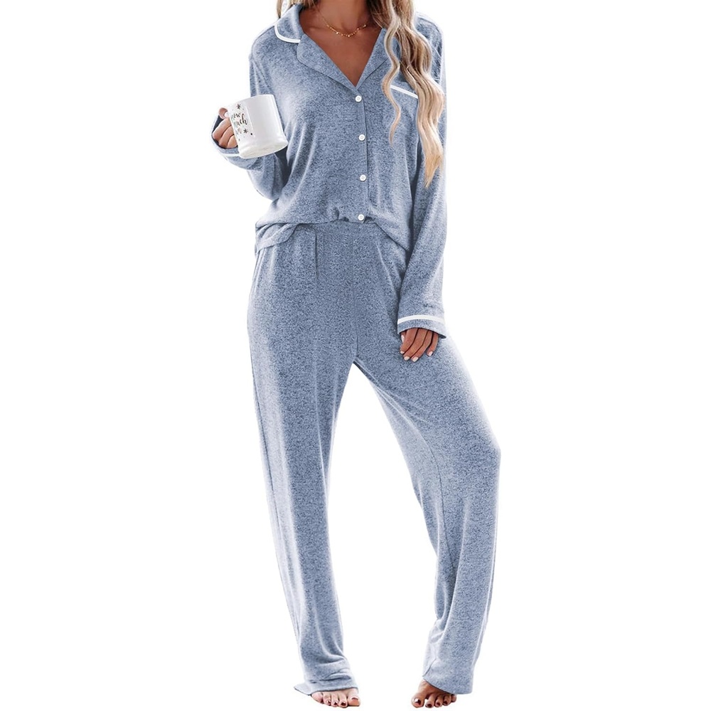 image:imageEkouaer Womens Pajama Sets Long Sleeve Button Down 2 Piece Soft Pjs  Soft 2 Piece Lounge Sets Fall Sleepwear Long Pants With Side Pockets Soft and SkinFriendly FabricLight Blue