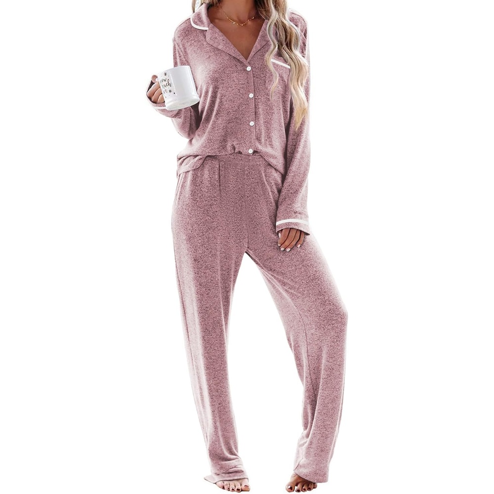 image:imageEkouaer Womens Pajama Sets Long Sleeve Button Down 2 Piece Soft Pjs  Soft 2 Piece Lounge Sets Fall Sleepwear Long Pants With Side Pockets Soft and SkinFriendly FabricPink
