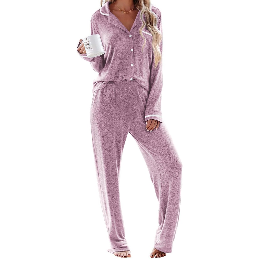 image:imageEkouaer Womens Pajama Sets Long Sleeve Button Down 2 Piece Soft Pjs  Soft 2 Piece Lounge Sets Fall Sleepwear Long Pants With Side Pockets Soft and SkinFriendly FabricLilac