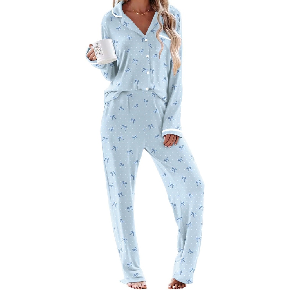 image:imageEkouaer Womens Pajama Sets Long Sleeve Button Down 2 Piece Soft Pjs  Soft 2 Piece Lounge Sets Fall Sleepwear Long Pants With Side Pockets Soft and SkinFriendly FabricPolka Dot Bowblue