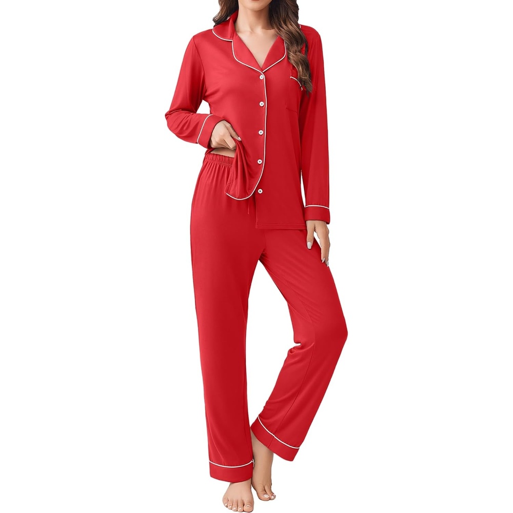 image:imageEkouaer Womens Pajamas Set Button Down Long Sleeve Top amp Pants Lounge Sets Soft Sleepwear Classic notch collar ideal for Home relaxation Wedding Party Daily Wear amp BreastfeedingRed