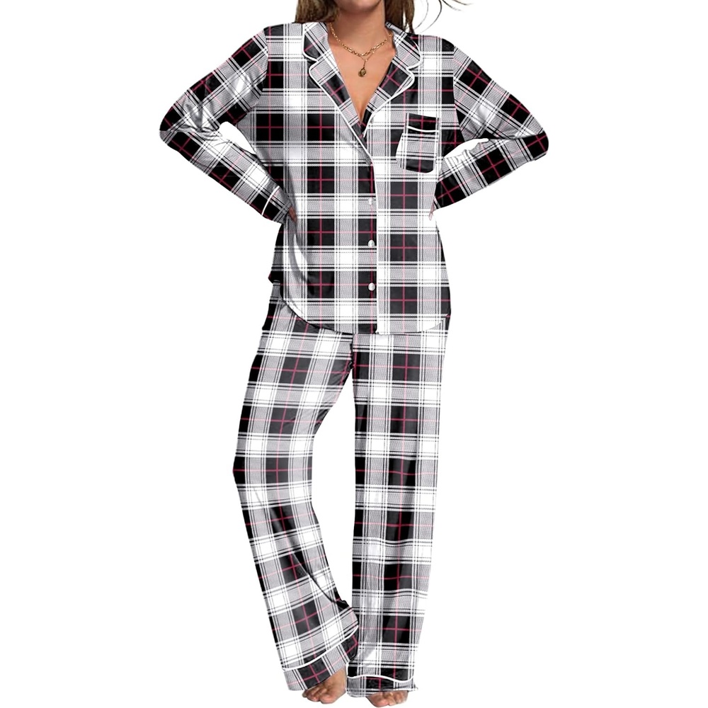image:imageEkouaer Womens Pajamas Set Button Down Long Sleeve Top amp Pants Lounge Sets Soft Sleepwear Classic notch collar ideal for Home relaxation Wedding Party Daily Wear amp BreastfeedingBwhite Black Plaid
