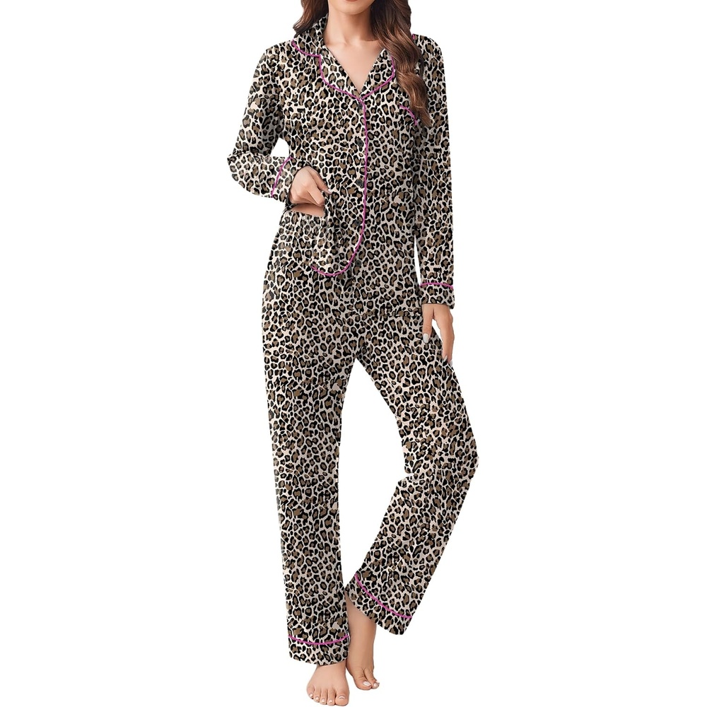 image:imageEkouaer Womens Pajamas Set Button Down Long Sleeve Top amp Pants Lounge Sets  Soft Sleepwear Classic notch collar ideal for Home relaxation Wedding Party Daily Wear amp BreastfeedingBrown Leopard
