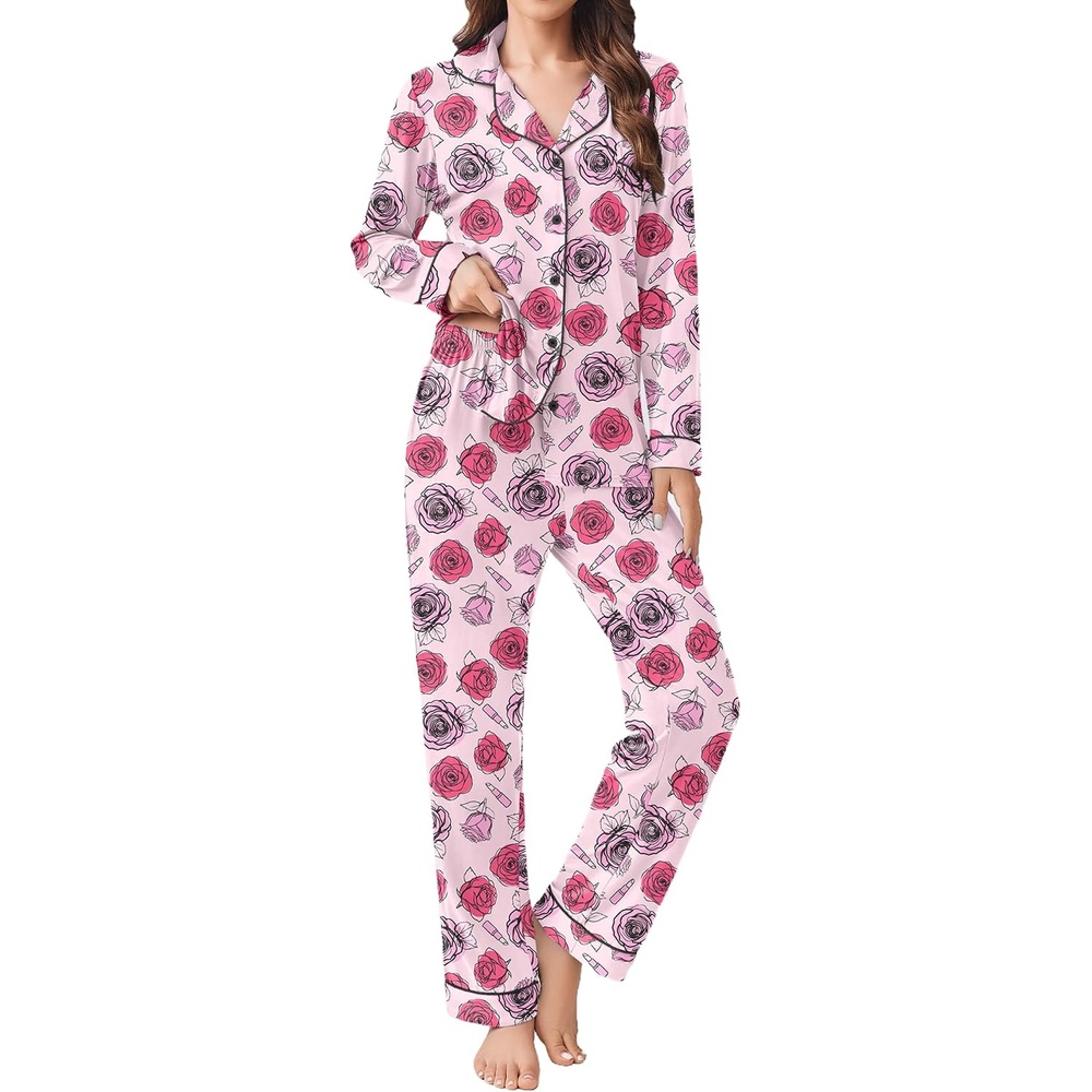 image:imageEkouaer Womens Pajamas Set Button Down Long Sleeve Top amp Pants Lounge Sets Soft Sleepwear Classic notch collar ideal for Home relaxation Wedding Party Daily Wear amp BreastfeedingPanting Rose