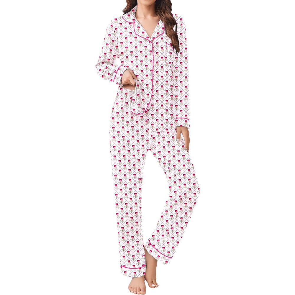 image:imageEkouaer Womens Pajamas Set Button Down Long Sleeve Top amp Pants Lounge Sets  Soft Sleepwear Classic notch collar ideal for Home relaxation Wedding Party Daily Wear amp BreastfeedingSmall Red Flowers