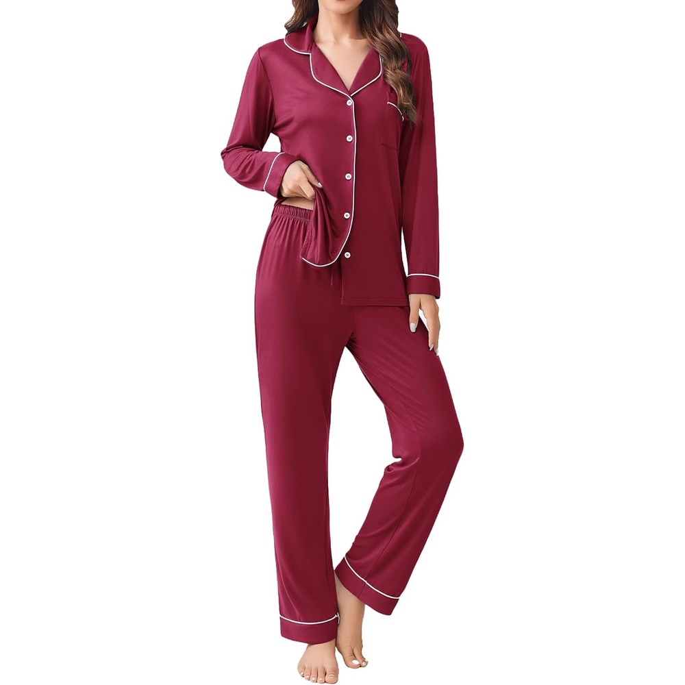 image:imageEkouaer Womens Pajamas Set Button Down Long Sleeve Top amp Pants Lounge Sets Soft Sleepwear Classic notch collar ideal for Home relaxation Wedding Party Daily Wear amp BreastfeedingWine Red