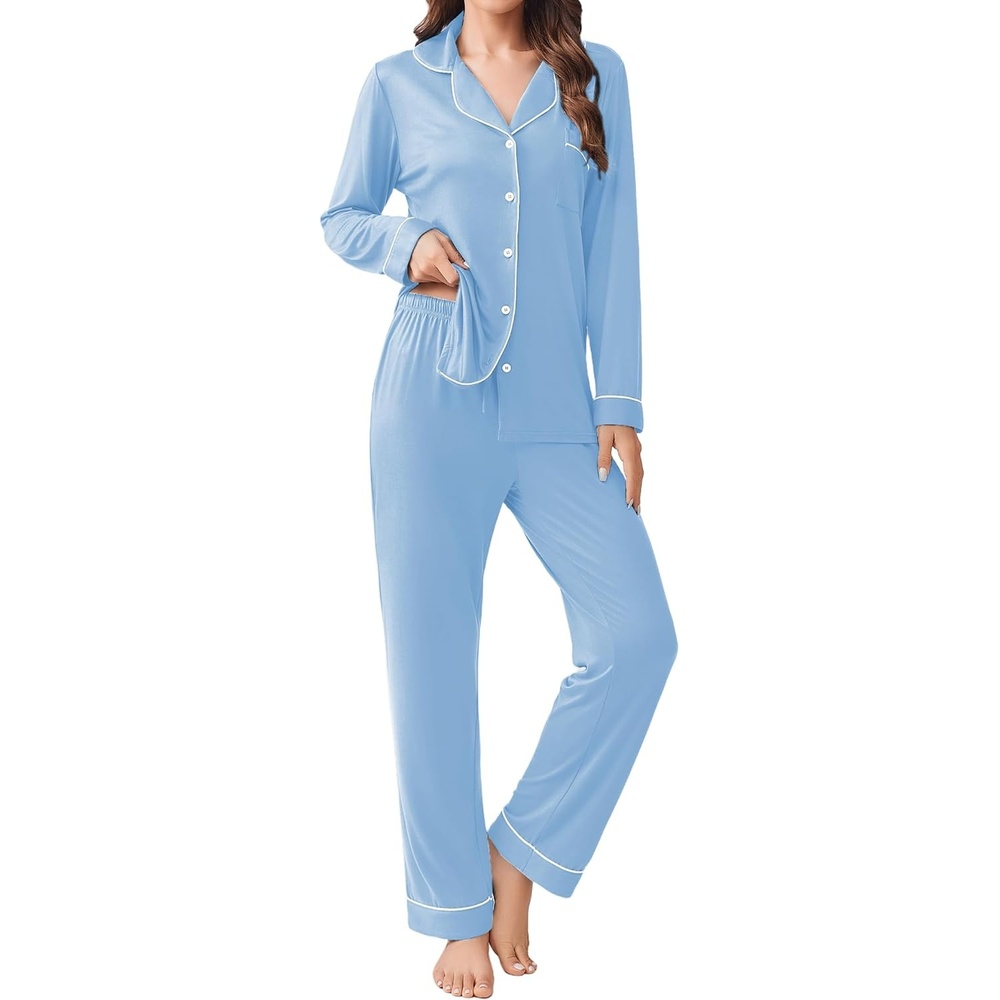 image:imageEkouaer Womens Pajamas Set Button Down Long Sleeve Top amp Pants Lounge Sets Soft Sleepwear Classic notch collar ideal for Home relaxation Wedding Party Daily Wear amp BreastfeedingLight Blue