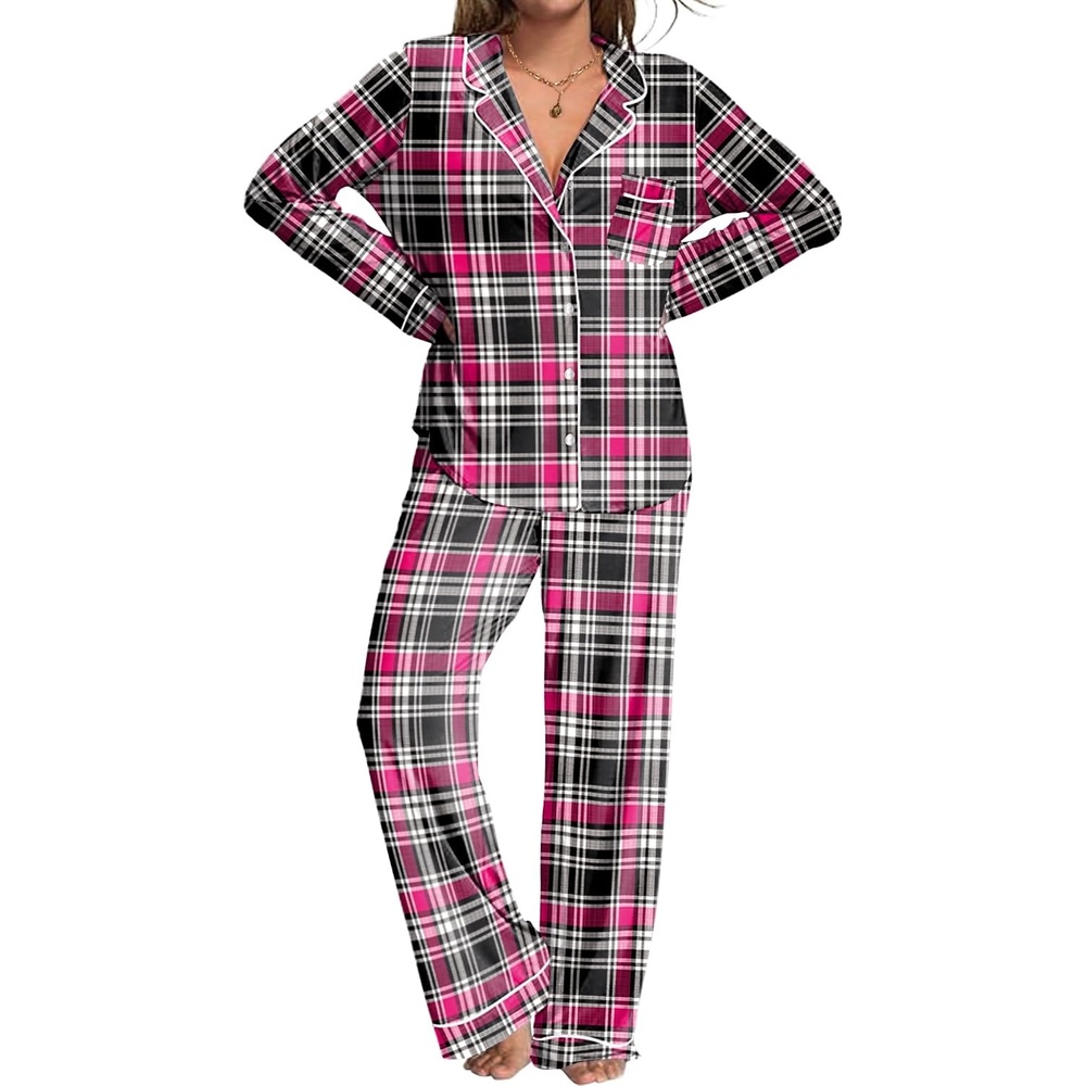 image:imageEkouaer Womens Pajamas Set Button Down Long Sleeve Top amp Pants Lounge Sets  Soft Sleepwear Classic notch collar ideal for Home relaxation Wedding Party Daily Wear amp BreastfeedingBblack Red Plaid