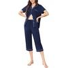 Ekouaer Capri Pajamas for Women Short Sleeve Button Down Sleepwear Comfy Lounge Set 2-Piece Pants Pjs | Capri Pants With Pockets,Chest Pocket,Notch Collar,Contrast Pipings,Sleepwear For Home Loungwear,Wedding,Party&Breastfeeding(Navy Blue)