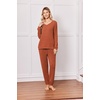 Ekouaer Lounge Sets for Women Long Sleeve Ribbed Knit Pajama Set | Soft Warm, Fall Winter Outfits 2026, V Neck Long Sleeve Tops Long Pants with Pockets, 2 Piece Loungewear Home Wear(Caramel)