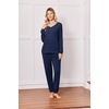 Ekouaer Lounge Sets for Women Long Sleeve Ribbed Knit Pajama Set | Soft Warm, Fall Winter Outfits 2026, V Neck Long Sleeve Tops Long Pants with Pockets, 2 Piece Loungewear Home Wear(Navy Blue)