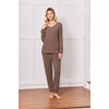 Ekouaer Lounge Sets for Women Long Sleeve Ribbed Knit Pajama Set | Soft Warm, Fall Winter Outfits 2026, V Neck Long Sleeve Tops Long Pants with Pockets, 2 Piece Loungewear Home Wear(Brown)