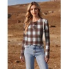 Ekouaer Womens Long Sleeve Shirts Thumb Hole Tops Thermal Fall Clothes | Crew Neck T Shirts, Loose Fit, Undershirts, Layering, Casual, Work, Winter Outfits(Brown White Plaid)