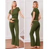 Ekouaer Womens Pajama Set Short Sleeve Crop Top Foldover Flare Pants | Soft Comfy Stretchy, Summer Wear Fall Layer, High Waist Fold Waistband For Loungewear Yoga Daily Casual Wear(Army Green)