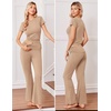 Ekouaer Womens Pajama Set Short Sleeve Crop Top Foldover Flare Pants | Soft Comfy Stretchy, Summer Wear Fall Layer, High Waist Fold Waistband For Loungewear Yoga Daily Casual Wear(Khaki)