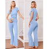 Ekouaer Womens Pajama Set Short Sleeve Crop Top Foldover Flare Pants | Soft Comfy Stretchy, Summer Wear Fall Layer, High Waist Fold Waistband For Loungewear Yoga Daily Casual Wear(Light Blue)