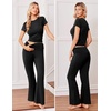 Ekouaer Womens Pajama Set Short Sleeve Crop Top Foldover Flare Pants | Soft Comfy Stretchy, Summer Wear Fall Layer, High Waist Fold Waistband For Loungewear Yoga Daily Casual Wear(Black)