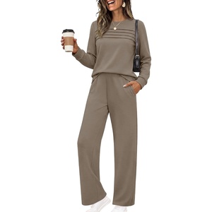 Ekouaer 2 Piece Sets for Women Lounge Set Airport Fall Travel Outfits 2026 | Pleated Top, Long Sleeve, Wide Leg Pants, Casual Tracksuit Matching Sets, Cozy Sweatsuits Vacation Fashion Women Clothing(Coffee)