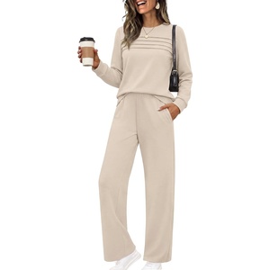 Ekouaer 2 Piece Sets for Women Lounge Set Airport Fall Travel Outfits 2026 | Pleated Top, Long Sleeve, Wide Leg Pants, Casual Tracksuit Matching Sets, Cozy Sweatsuits Vacation Fashion Women Clothing(Beige)