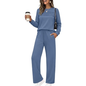 Ekouaer 2 Piece Sets for Women Lounge Set Airport Fall Travel Outfits 2026 | Pleated Top, Long Sleeve, Wide Leg Pants, Casual Tracksuit Matching Sets, Cozy Sweatsuits Vacation Fashion Women Clothing(Grey Blue)