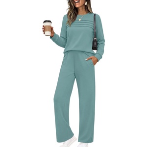 Ekouaer 2 Piece Sets for Women Lounge Set Airport Fall Travel Outfits 2026 | Pleated Top, Long Sleeve, Wide Leg Pants, Casual Tracksuit Matching Sets, Cozy Sweatsuits Vacation Fashion Women Clothing(Grey Green)