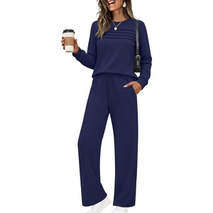 Ekouaer 2 Piece Sets for Women Lounge Set Airport Fall Travel Outfits 2026 | Pleated Top, Long Sleeve, Wide Leg Pants, Casual Tracksuit Matching Sets, Cozy Sweatsuits Vacation Fashion Women Clothing(Navy Blue)