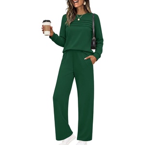 Ekouaer 2 Piece Sets for Women Lounge Set Airport Fall Travel Outfits 2026 | Pleated Top, Long Sleeve, Wide Leg Pants, Casual Tracksuit Matching Sets, Cozy Sweatsuits Vacation Fashion Women Clothing(Forest Green)
