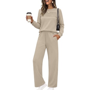 Ekouaer 2 Piece Sets for Women Lounge Set Airport Fall Travel Outfits 2026 | Pleated Top, Long Sleeve, Wide Leg Pants, Casual Tracksuit Matching Sets, Cozy Sweatsuits Vacation Fashion Women Clothing(Moon Grey)