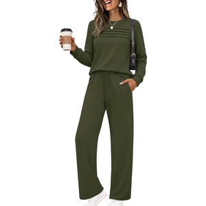 Ekouaer 2 Piece Sets for Women Lounge Set Airport Fall Travel Outfits 2026 | Pleated Top, Long Sleeve, Wide Leg Pants, Casual Tracksuit Matching Sets, Cozy Sweatsuits Vacation Fashion Women Clothing(Army Green)
