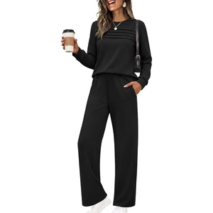 Ekouaer 2 Piece Sets for Women Lounge Set Airport Fall Travel Outfits 2026 | Pleated Top, Long Sleeve, Wide Leg Pants, Casual Tracksuit Matching Sets, Cozy Sweatsuits Vacation Fashion Women Clothing(Black)