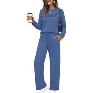 Ekouaer 2 Piece Sets for Women Lounge Set Airport Fall Travel Outfits 2026 | Pleated Top, Long Sleeve, Wide Leg Pants, Casual Tracksuit Matching Sets, Cozy Sweatsuits Vacation Fashion Women Clothing(Classic Blue)