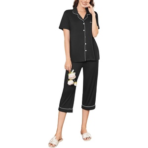 Ekouaer Capri Pajamas for Women Short Sleeve Button Down Sleepwear Comfy Lounge Set 2-Piece Pants Pjs | Capri Pants With Pockets,Chest Pocket,Notch Collar,Contrast Pipings,Sleepwear For Home Loungwear,Wedding,Party&Breastfeeding(Black)