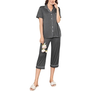 Ekouaer Capri Pajamas for Women Short Sleeve Button Down Sleepwear Comfy Lounge Set 2-Piece Pants Pjs | Capri Pants With Pockets,Chest Pocket,Notch Collar,Contrast Pipings,Sleepwear For Home Loungwear,Wedding,Party&Breastfeeding(Dark Gray)