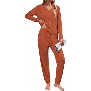 Ekouaer Lounge Sets for Women Long Sleeve Ribbed Knit Pajama Set | Soft Warm, Fall Winter Outfits 2026, V Neck Long Sleeve Tops Long Pants with Pockets, 2 Piece Loungewear Home Wear(Caramel)