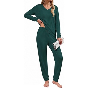 Ekouaer Lounge Sets for Women Long Sleeve Ribbed Knit Pajama Set | Soft Warm, Fall Winter Outfits 2026, V Neck Long Sleeve Tops Long Pants with Pockets, 2 Piece Loungewear Home Wear(Lake Green)