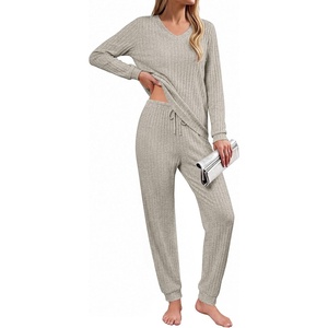 Ekouaer Lounge Sets for Women Long Sleeve Ribbed Knit Pajama Set | Soft Warm, Fall Winter Outfits 2026, V Neck Long Sleeve Tops Long Pants with Pockets, 2 Piece Loungewear Home Wear(Moon Gray)