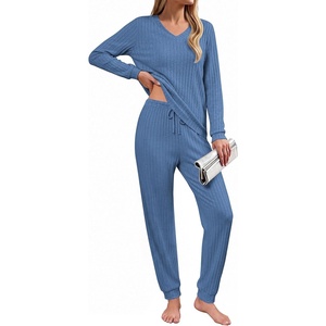Ekouaer Lounge Sets for Women Long Sleeve Ribbed Knit Pajama Set | Soft Warm, Fall Winter Outfits 2026, V Neck Long Sleeve Tops Long Pants with Pockets, 2 Piece Loungewear Home Wear(Blue)