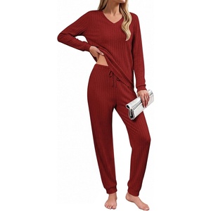 Ekouaer Lounge Sets for Women Long Sleeve Ribbed Knit Pajama Set | Soft Warm, Fall Winter Outfits 2026, V Neck Long Sleeve Tops Long Pants with Pockets, 2 Piece Loungewear Home Wear(Wine Red)