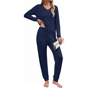 Ekouaer Lounge Sets for Women Long Sleeve Ribbed Knit Pajama Set | Soft Warm, Fall Winter Outfits 2026, V Neck Long Sleeve Tops Long Pants with Pockets, 2 Piece Loungewear Home Wear(Navy Blue)