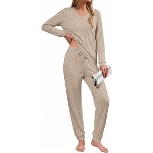Ekouaer Lounge Sets for Women Long Sleeve Ribbed Knit Pajama Set | Soft Warm, Fall Winter Outfits 2026, V Neck Long Sleeve Tops Long Pants with Pockets, 2 Piece Loungewear Home Wear(Dark Gray)