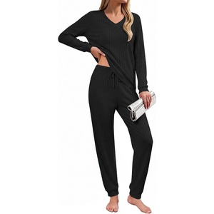Ekouaer Lounge Sets for Women Long Sleeve Ribbed Knit Pajama Set | Soft Warm, Fall Winter Outfits 2026, V Neck Long Sleeve Tops Long Pants with Pockets, 2 Piece Loungewear Home Wear(Black)