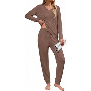 Ekouaer Lounge Sets for Women Long Sleeve Ribbed Knit Pajama Set | Soft Warm, Fall Winter Outfits 2026, V Neck Long Sleeve Tops Long Pants with Pockets, 2 Piece Loungewear Home Wear(Brown)