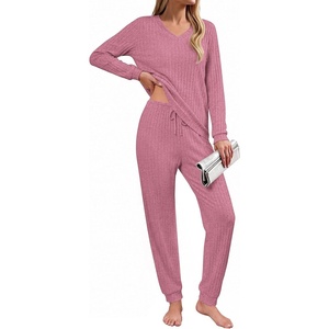 Ekouaer Lounge Sets for Women Long Sleeve Ribbed Knit Pajama Set | Soft Warm, Fall Winter Outfits 2026, V Neck Long Sleeve Tops Long Pants with Pockets, 2 Piece Loungewear Home Wear(Purple Red)