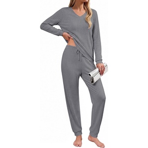 Ekouaer Lounge Sets for Women Long Sleeve Ribbed Knit Pajama Set | Soft Warm, Fall Winter Outfits 2026, V Neck Long Sleeve Tops Long Pants with Pockets, 2 Piece Loungewear Home Wear(Medium Gray)