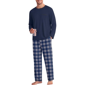 Ekouaer Mens Long Sleeve T-Shirt Pajama Set Soft 2 Piece Lounge Set | Lightweight Long Sleeve Shirts and Bottoms, Soft Comfy Sleep Sets,2 Pieces Loungewear,Crew Neck(Blue Plaid)