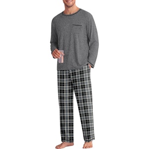 Ekouaer Mens Long Sleeve T-Shirt Pajama Set Soft 2 Piece Lounge Set | Lightweight Long Sleeve Shirts and Bottoms, Soft Comfy Sleep Sets,2 Pieces Loungewear,Crew Neck(Grey Plaid)