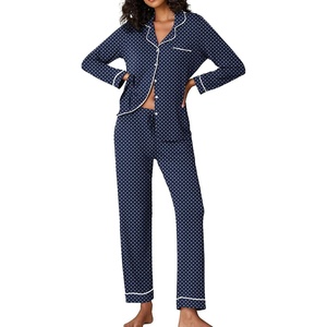 Ekouaer Pajamas Womens Long Sleeve Sleepwear Button Down Loungewear Pjs Set | Comfy Soft,Classic Notch Collar,2 Piece Matching Set for Postpartum,Maternity,Bridal,Travel,Daily,Gift(Navy With White Dots)