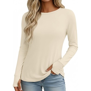Ekouaer Womens Long Sleeve Shirts Thumb Hole Tops Thermal Fall Clothes | Crew Neck T Shirts, Loose Fit, Undershirts, Layering, Casual, Work, Winter Outfits(Beige)