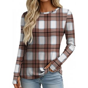 Ekouaer Womens Long Sleeve Shirts Thumb Hole Tops Thermal Fall Clothes | Crew Neck T Shirts, Loose Fit, Undershirts, Layering, Casual, Work, Winter Outfits(Brown White Plaid)