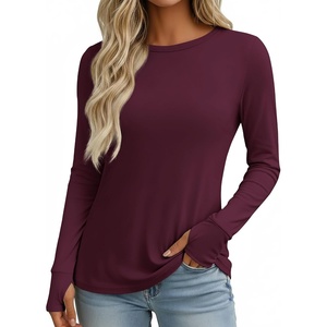 Ekouaer Womens Long Sleeve Shirts Thumb Hole Tops Thermal Fall Clothes | Crew Neck T Shirts, Loose Fit, Undershirts, Layering, Casual, Work, Winter Outfits(Wine Red)